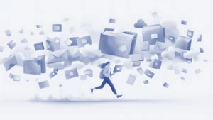 a woman running with a laptop surrounded by icons